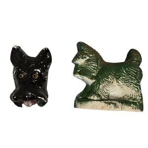 Scottie Dog Chalkware Figurines Green Black Fair Vintage Set Carnival